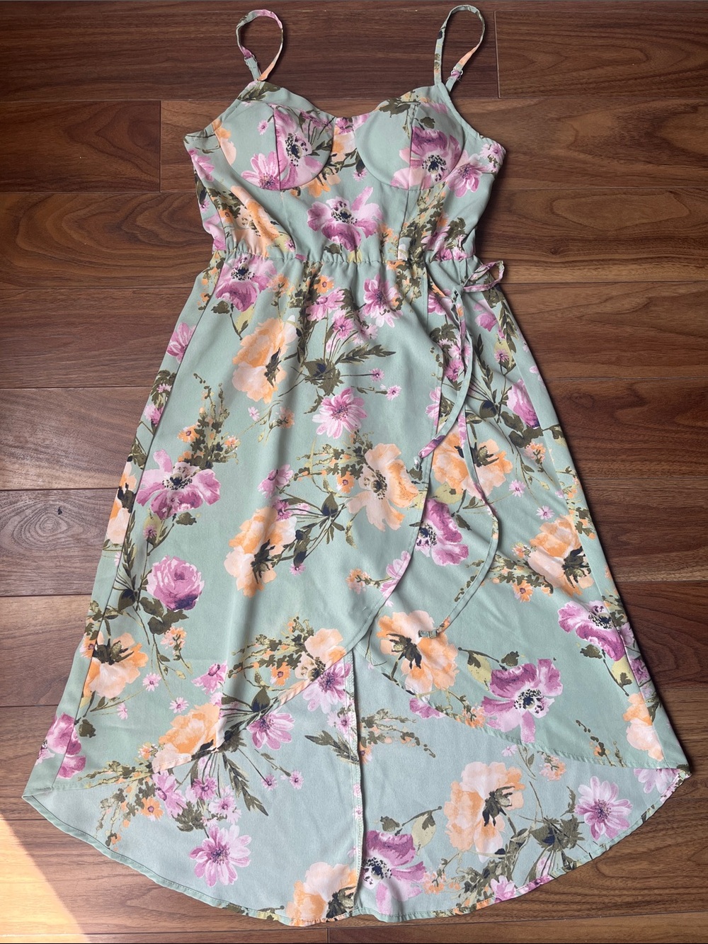 Lily Rose Floral Pastel Green Orange Strapless Padded Dress Midi Small Summer